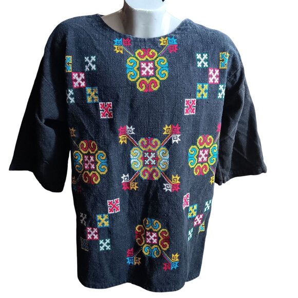 Medium Handmade Thailand Vintage Shirt Tunic Cross Stitch Embroidered Geometric - Picture 1 of 8